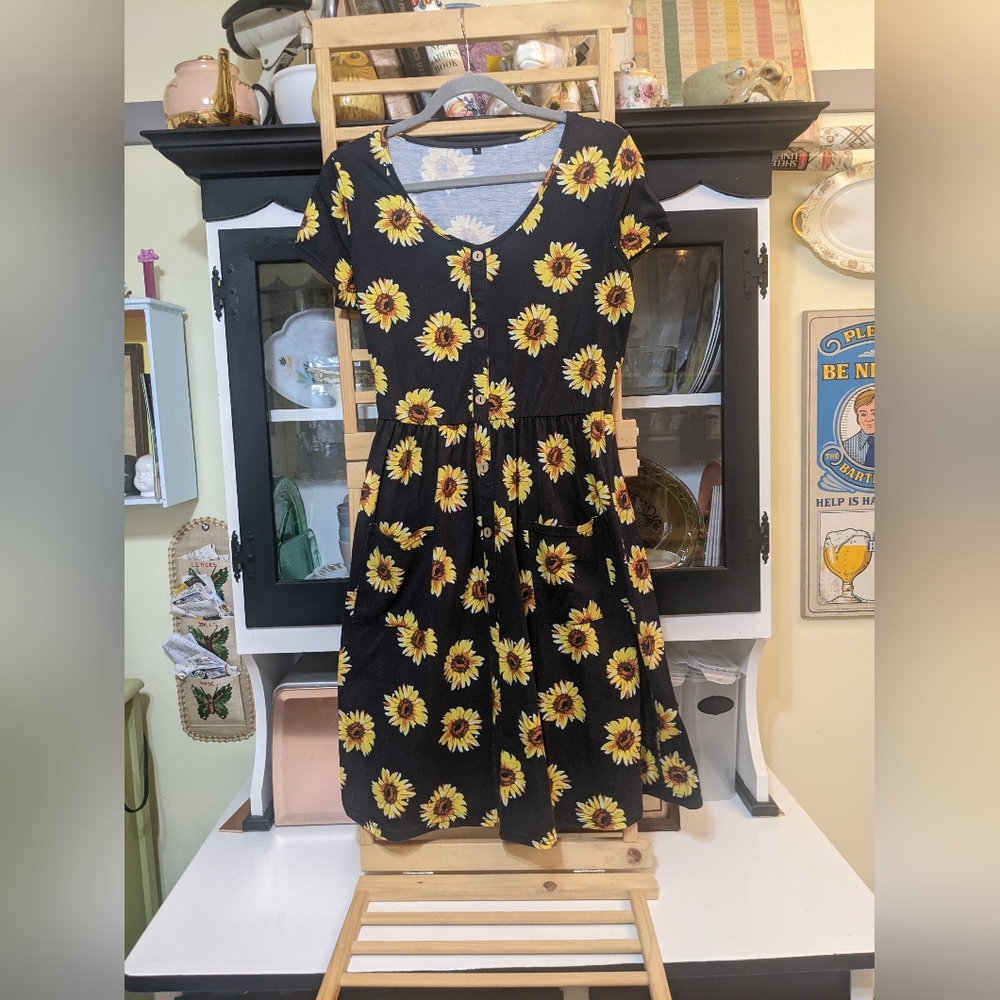 Sunflower patterned black skater dress